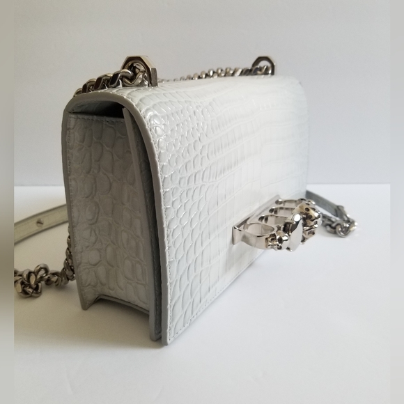 Alexander McQueen Four Ring Croc-Embossed Leather Crossbody Bag Light Gr… - Picture 3 of 11